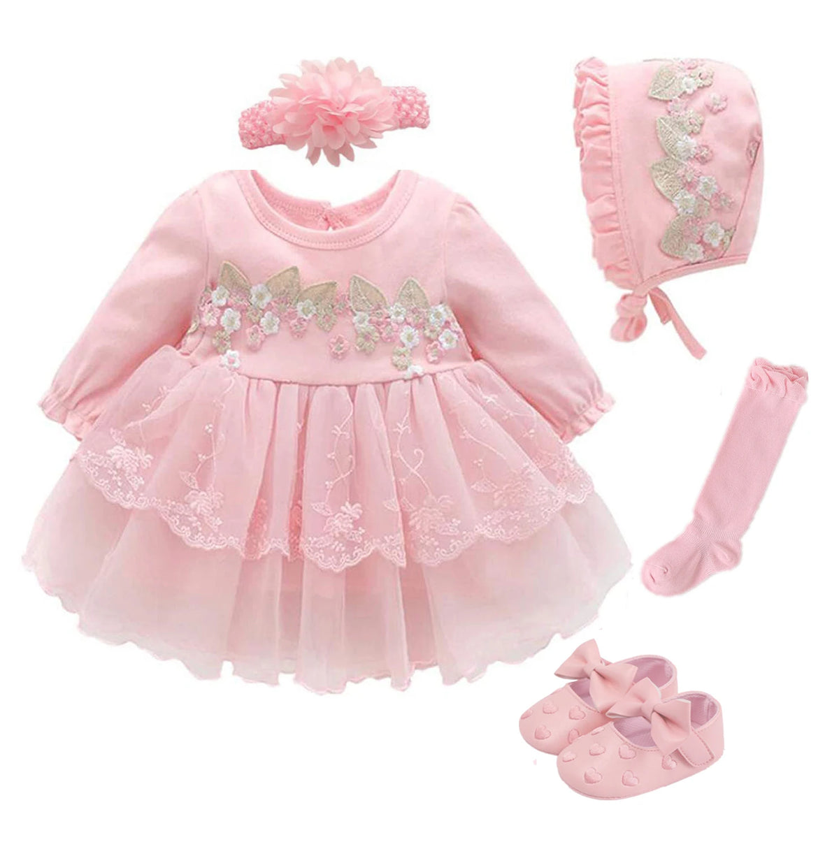 Baby Girl’s Bow Dress &amp; Matching Shoes – Elegant Cotton Outfit