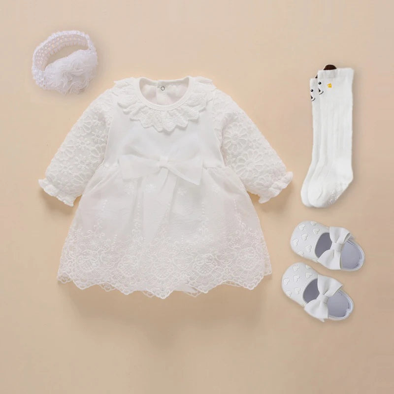 Baby Girl’s Bow Dress &amp; Matching Shoes – Elegant Cotton Outfit