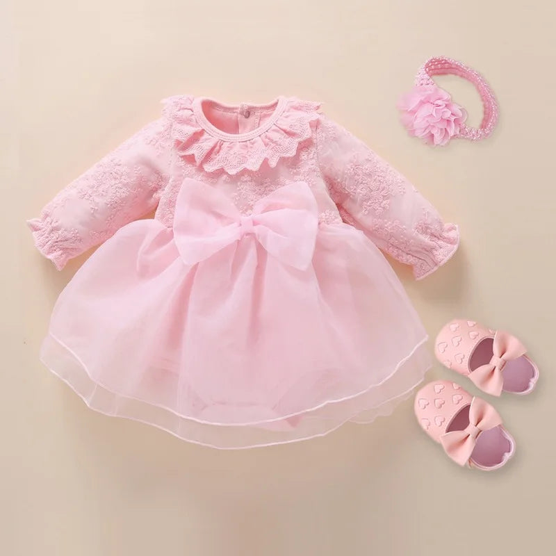 Baby Girl’s Bow Dress &amp; Matching Shoes – Elegant Cotton Outfit