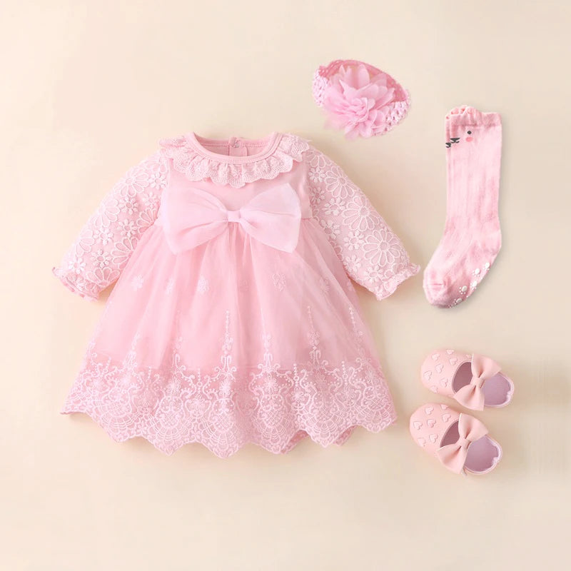 Baby Girl’s Bow Dress &amp; Matching Shoes – Elegant Cotton Outfit