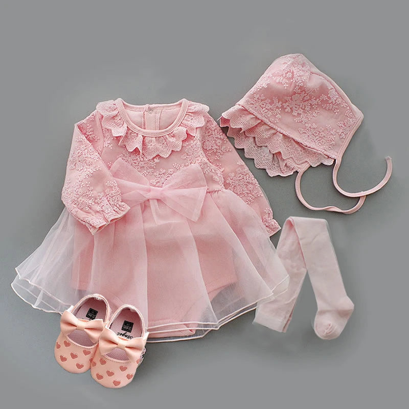 Baby Girl’s Bow Dress &amp; Matching Shoes – Elegant Cotton Outfit