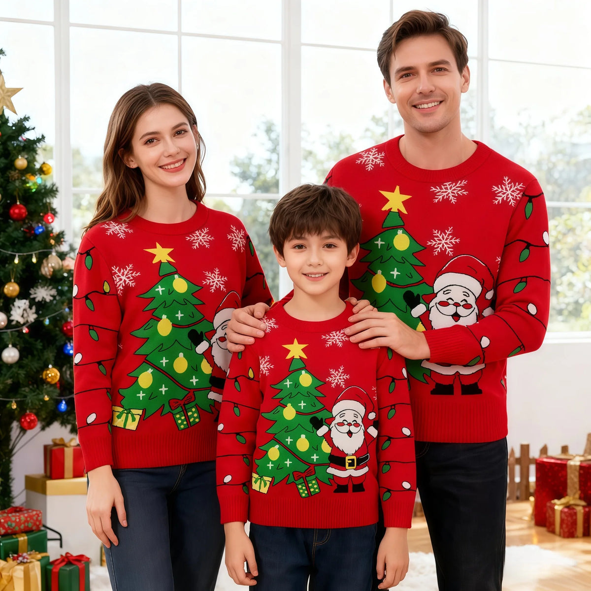 Matching Family Christmas Sweaters – Knitted Cartoon Jacquard Jumpers for Mum, Dad & Kids