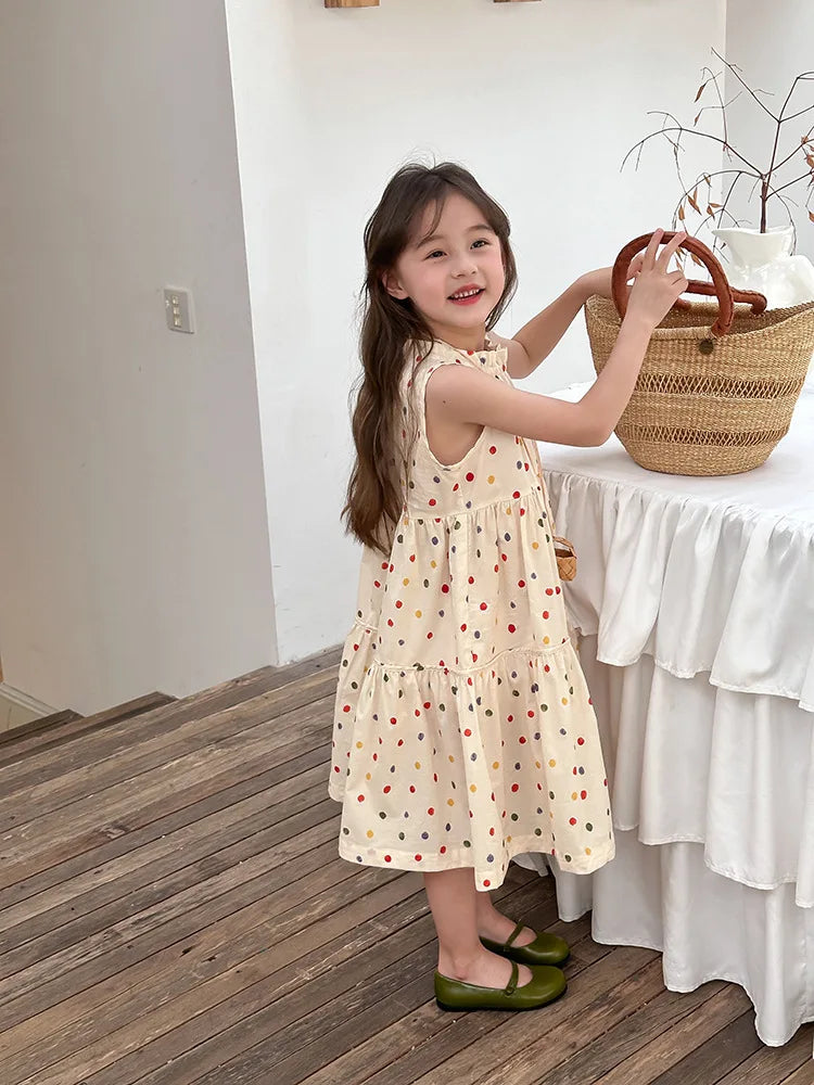 Girls’ Polka Dot Summer Dress – Sleeveless Tiered A-Line Dress