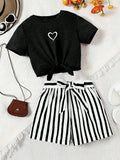 Women’s Casual 2-Piece Summer Set – Love-Print T-Shirt and Striped Shorts with Belt