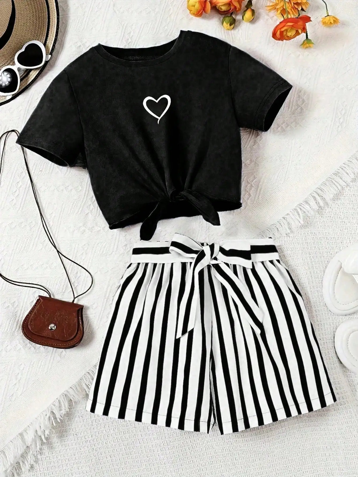 Women’s Casual 2-Piece Summer Set – Love-Print T-Shirt and Striped Shorts with Belt