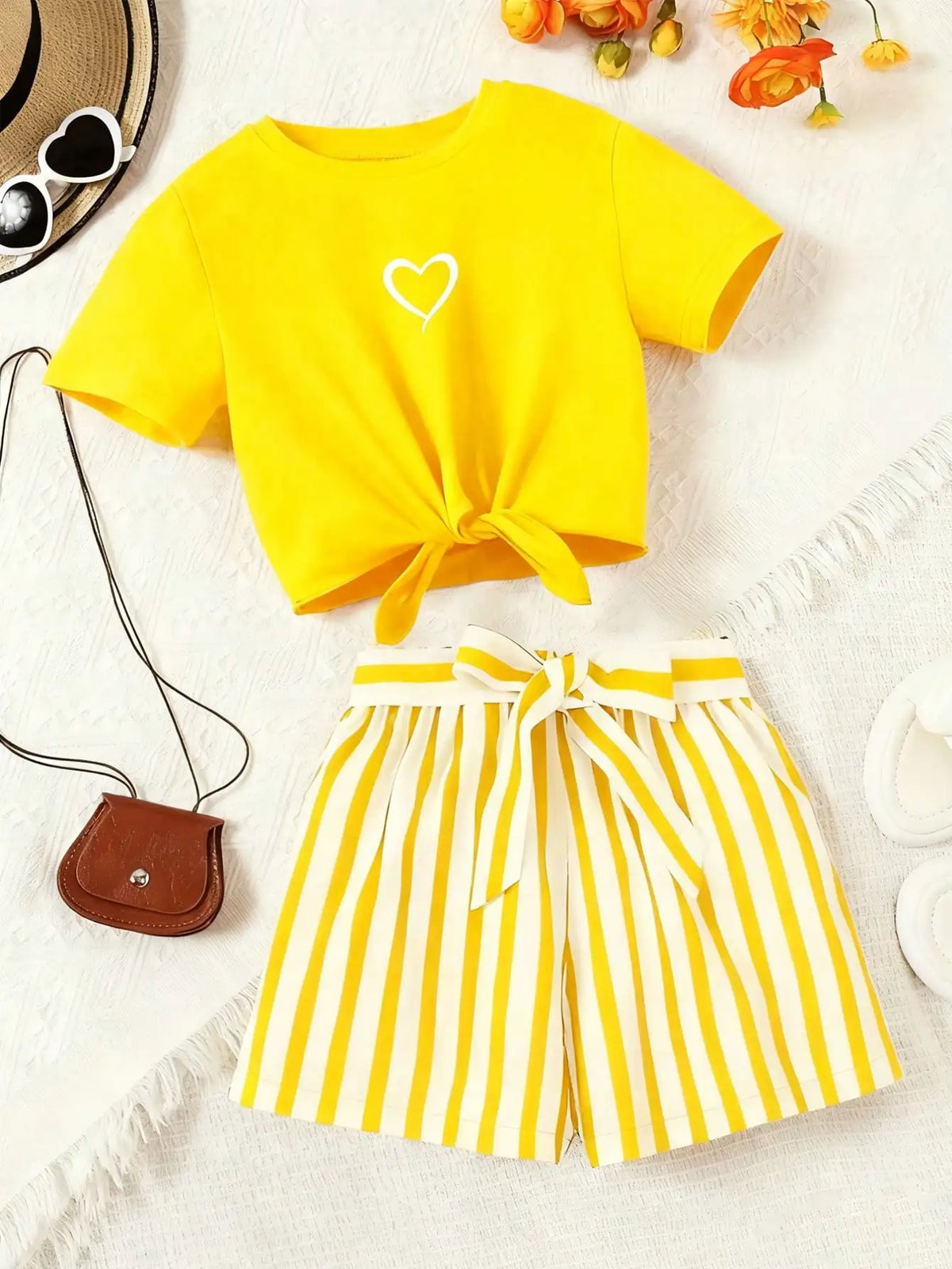 Women’s Casual 2-Piece Summer Set – Love-Print T-Shirt and Striped Shorts with Belt