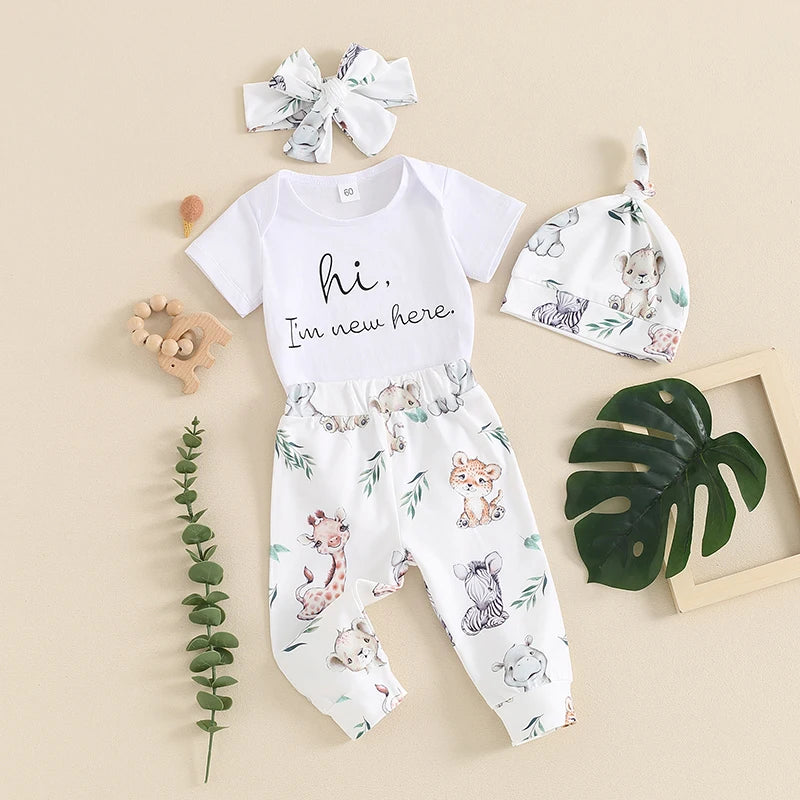 🌸 Summer Baby Outfit Set – 4-Piece Unisex Romper, Pants, Hat & Headband