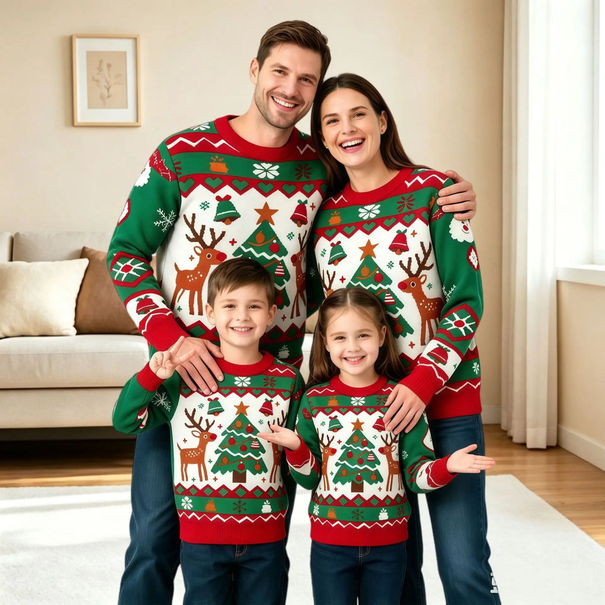 Matching Family Christmas Sweaters – Knitted Cartoon Jacquard Jumpers for Mum, Dad & Kids
