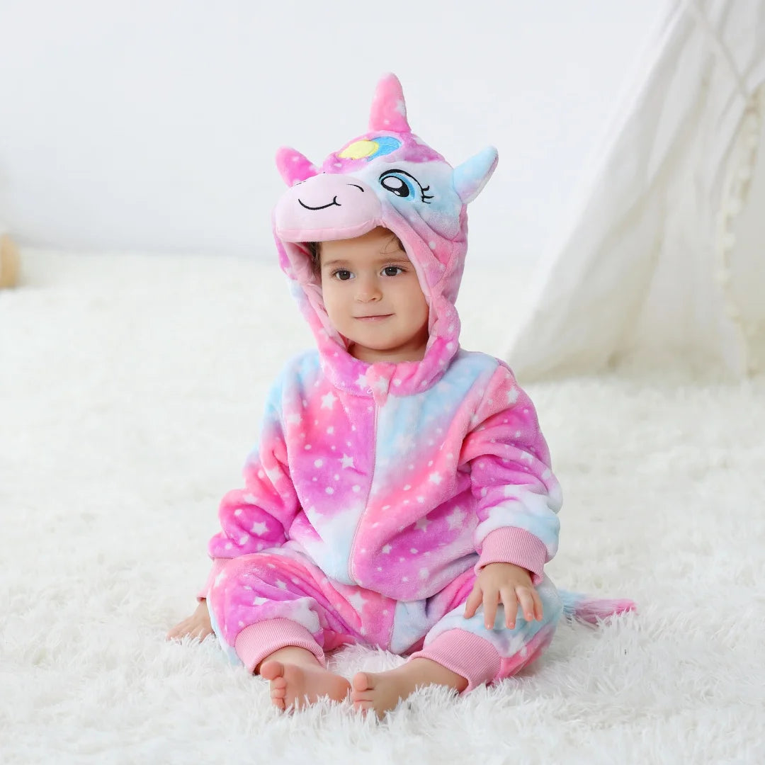 Baby Animal Hooded Fleece Romper – Warm Zip-Up Cartoon Onesie