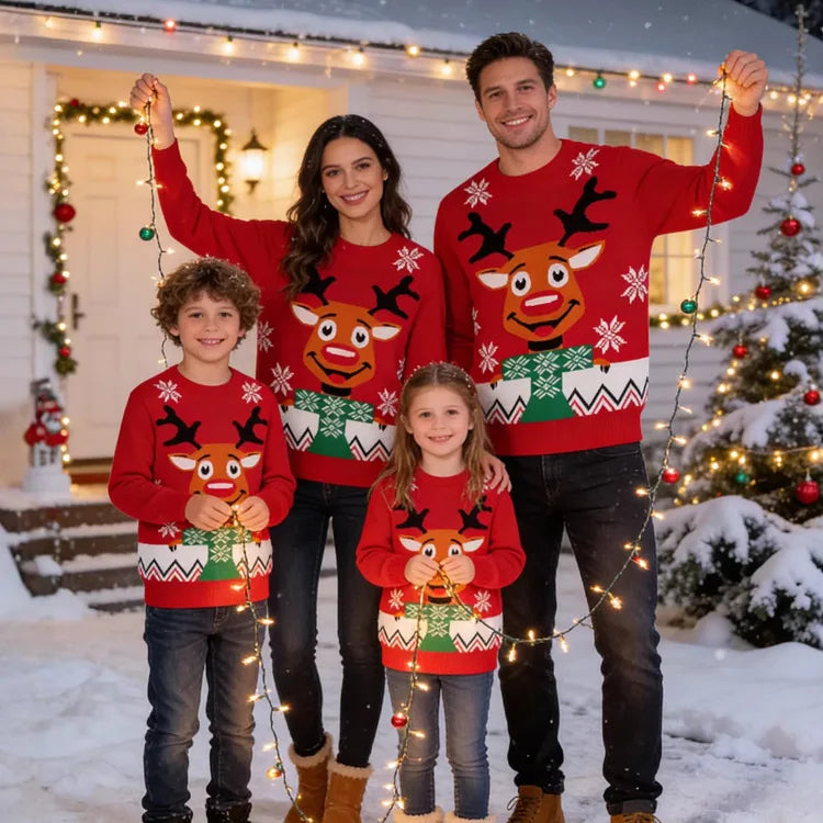 Matching Family Christmas Sweaters – Knitted Cartoon Jacquard Jumpers for Mum, Dad & Kids