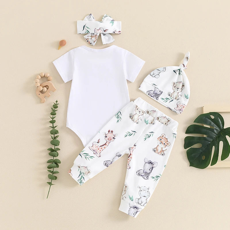 🌸 Summer Baby Outfit Set – 4-Piece Unisex Romper, Pants, Hat & Headband