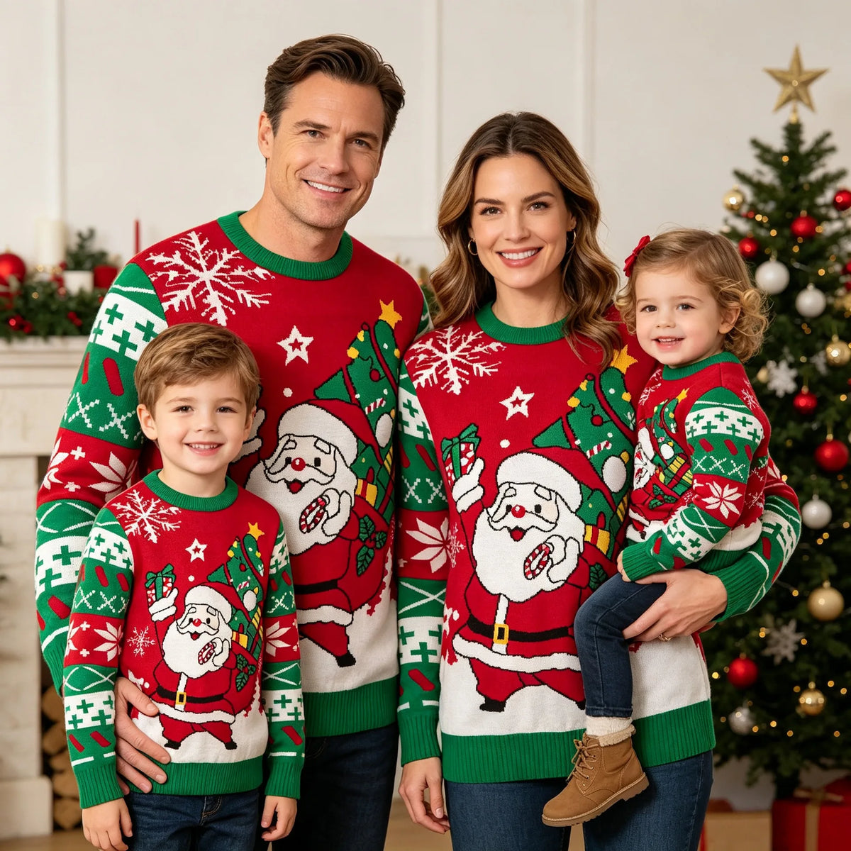 Matching Family Christmas Sweaters – Knitted Cartoon Jacquard Jumpers for Mum, Dad & Kids