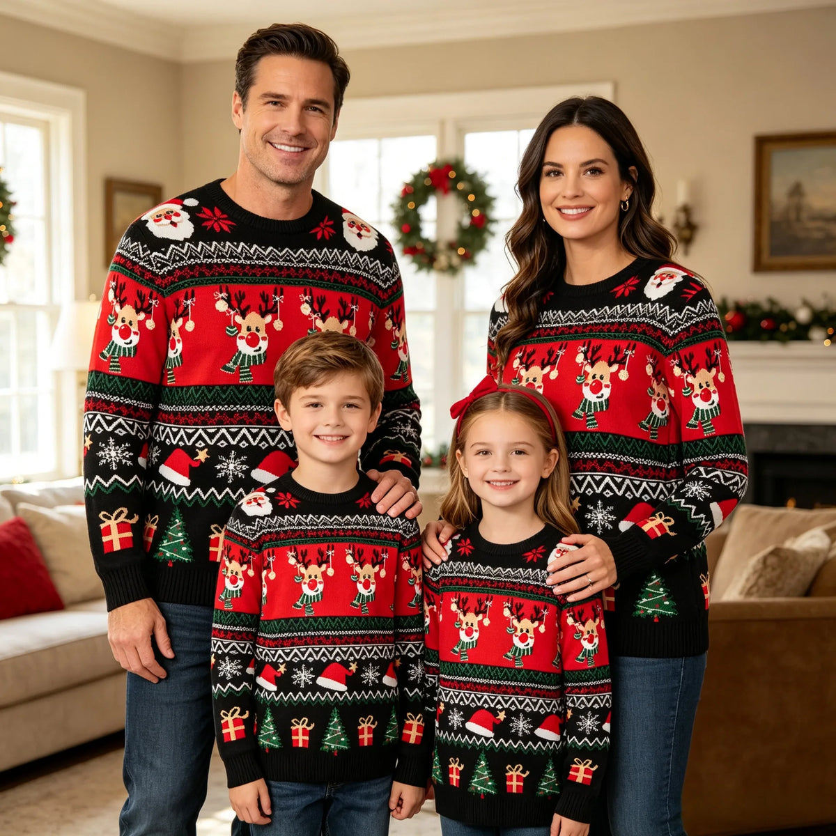 Matching Family Christmas Sweaters – Knitted Cartoon Jacquard Jumpers for Mum, Dad & Kids