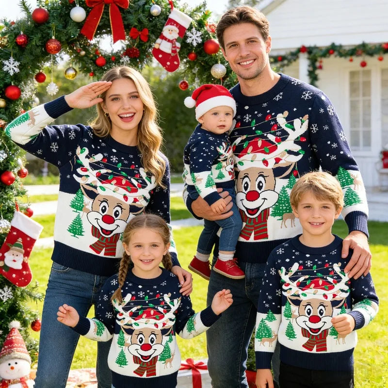 Matching Family Christmas Sweaters – Knitted Cartoon Jacquard Jumpers for Mum, Dad & Kids