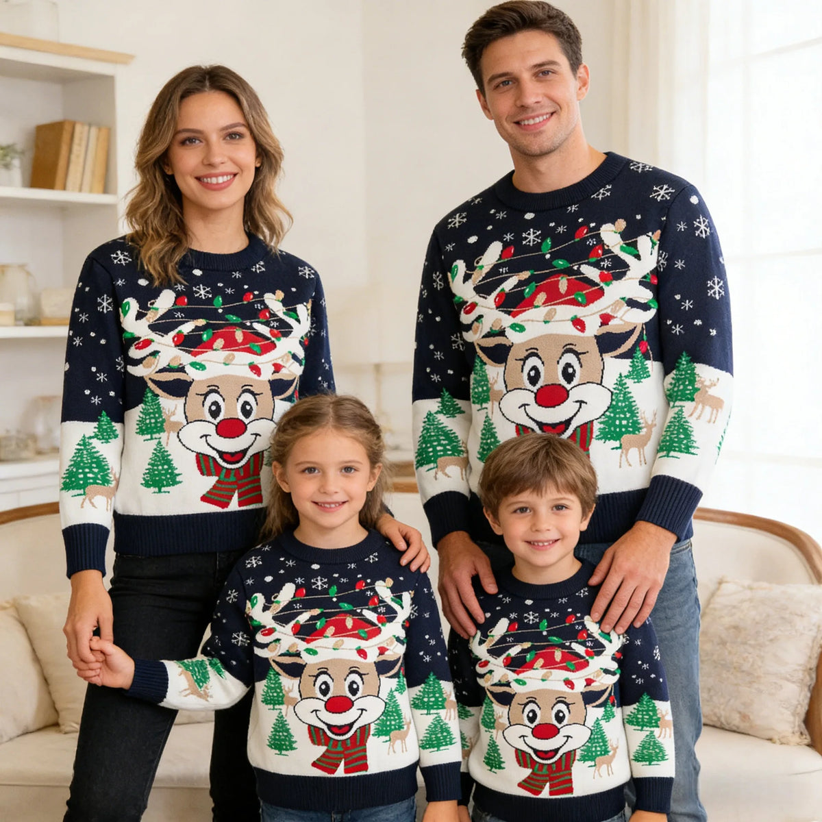 Matching Family Christmas Sweaters – Knitted Cartoon Jacquard Jumpers for Mum, Dad & Kids
