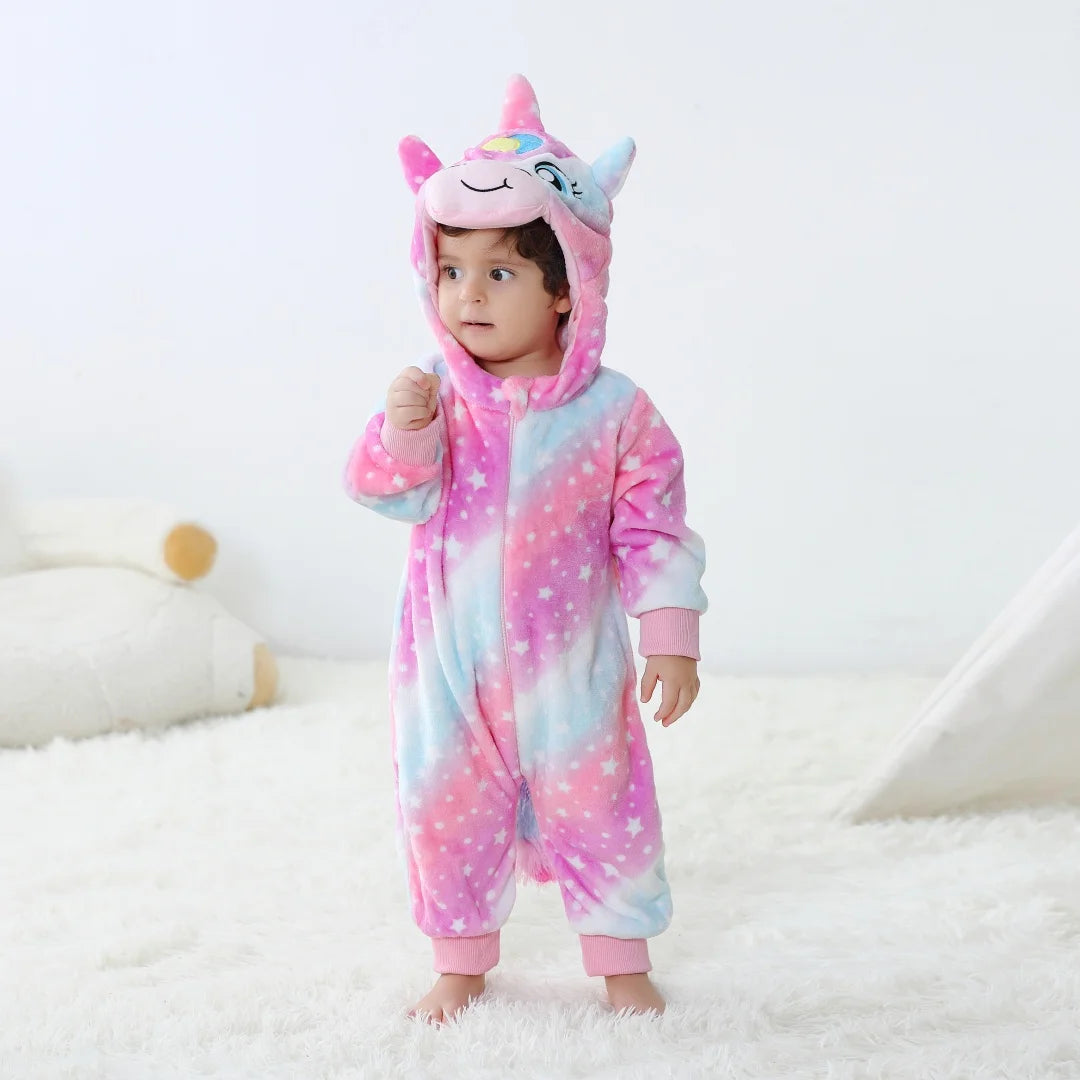 Baby Animal Hooded Fleece Romper – Warm Zip-Up Cartoon Onesie