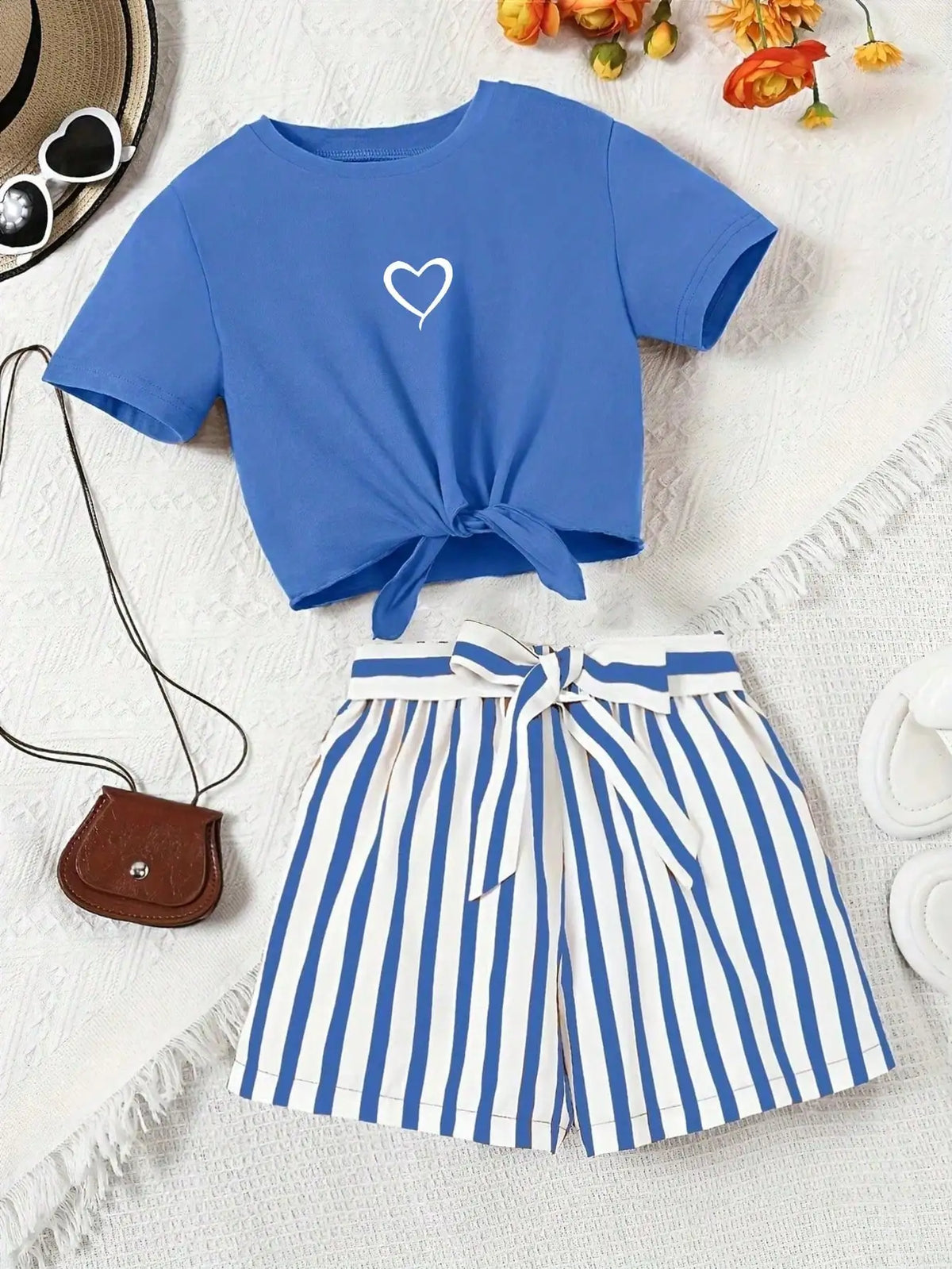 Women’s Casual 2-Piece Summer Set – Love-Print T-Shirt and Striped Shorts with Belt