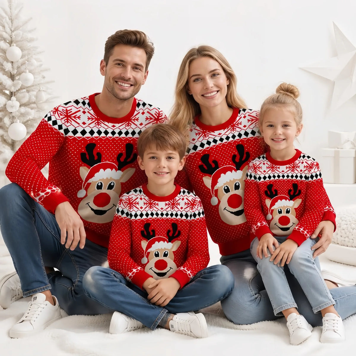 Matching Family Christmas Sweaters – Knitted Cartoon Jacquard Jumpers for Mum, Dad & Kids