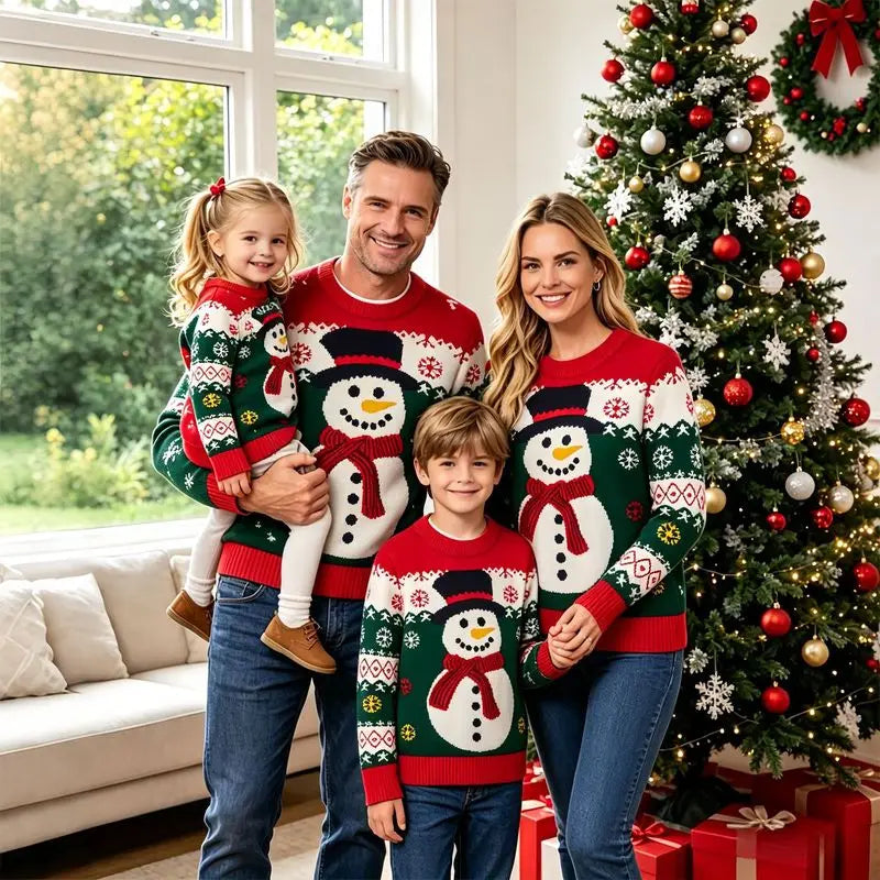 Matching Family Christmas Sweaters – Knitted Cartoon Jacquard Jumpers for Mum, Dad & Kids