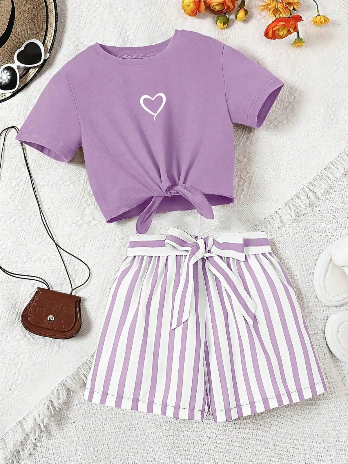 Women’s Casual 2-Piece Summer Set – Love-Print T-Shirt and Striped Shorts with Belt