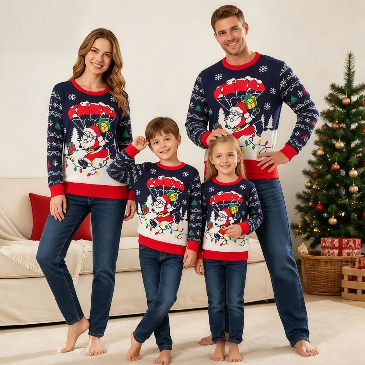 Matching Family Christmas Sweaters – Knitted Cartoon Jacquard Jumpers for Mum, Dad & Kids