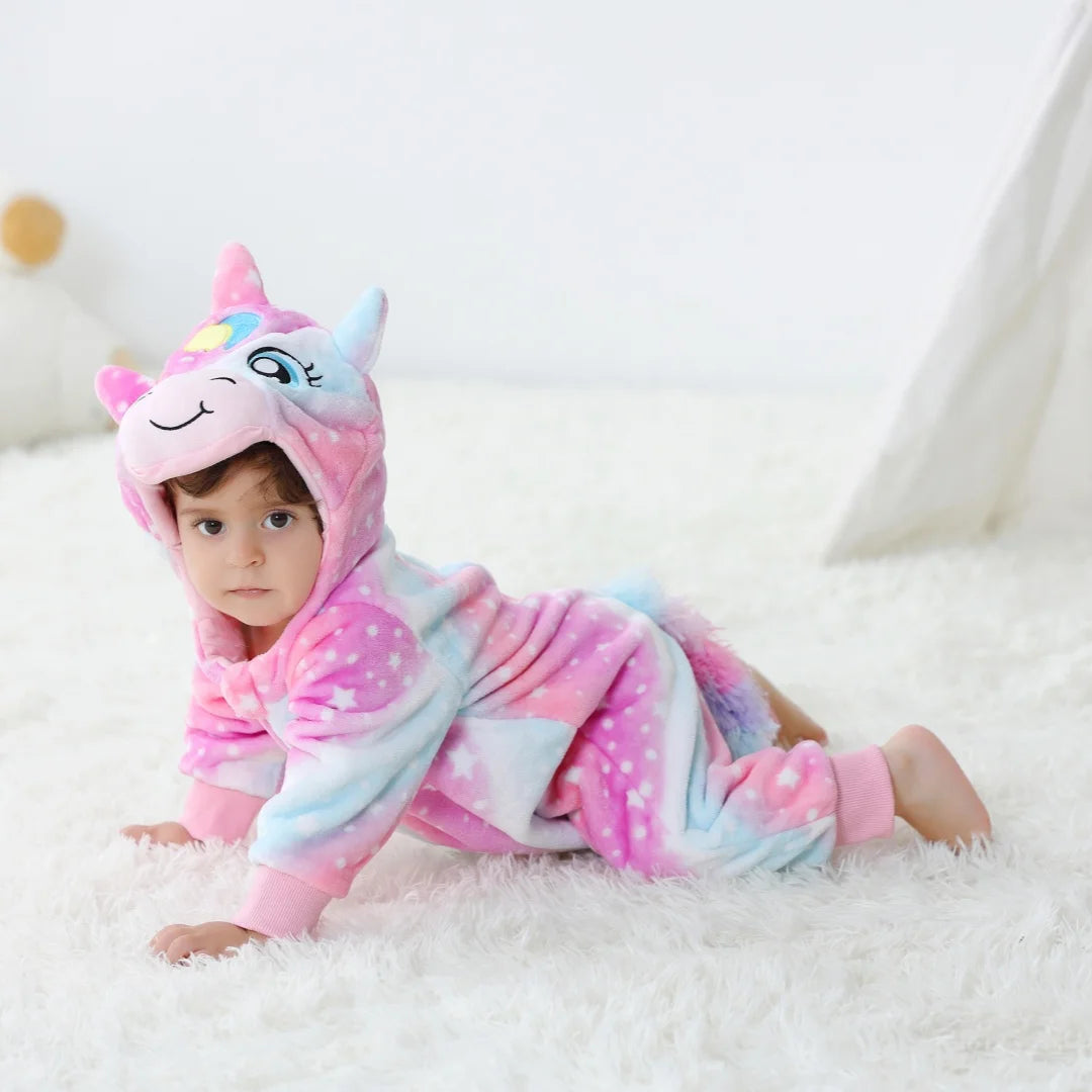 Baby Animal Hooded Fleece Romper – Warm Zip-Up Cartoon Onesie