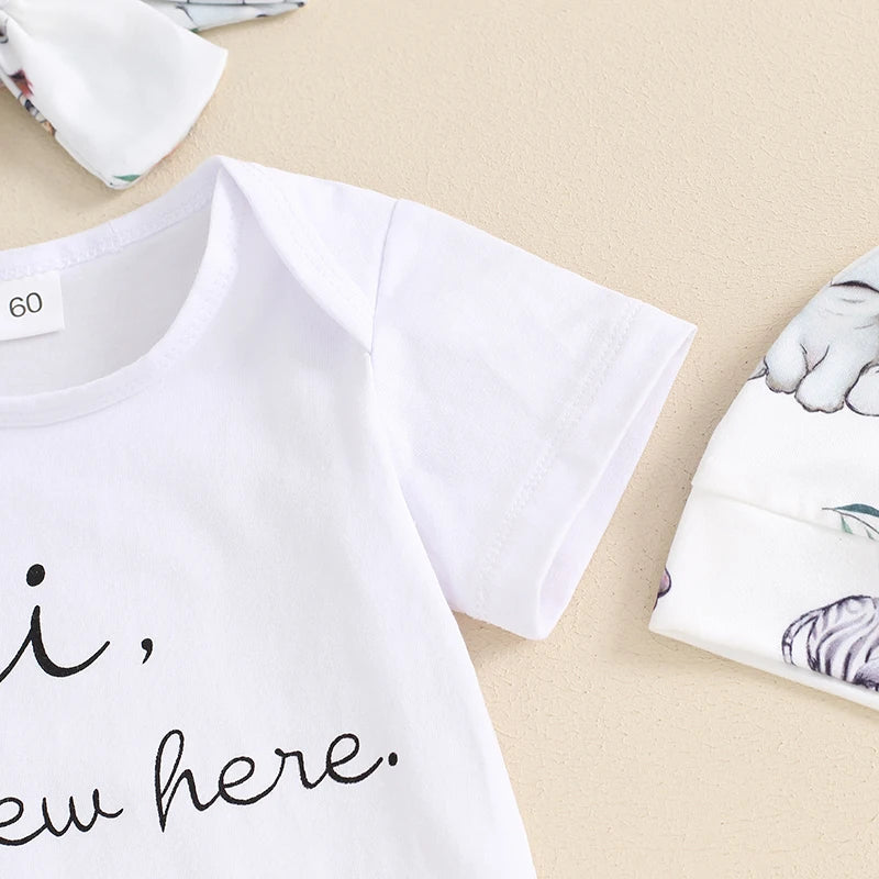 🌸 Summer Baby Outfit Set – 4-Piece Unisex Romper, Pants, Hat & Headband