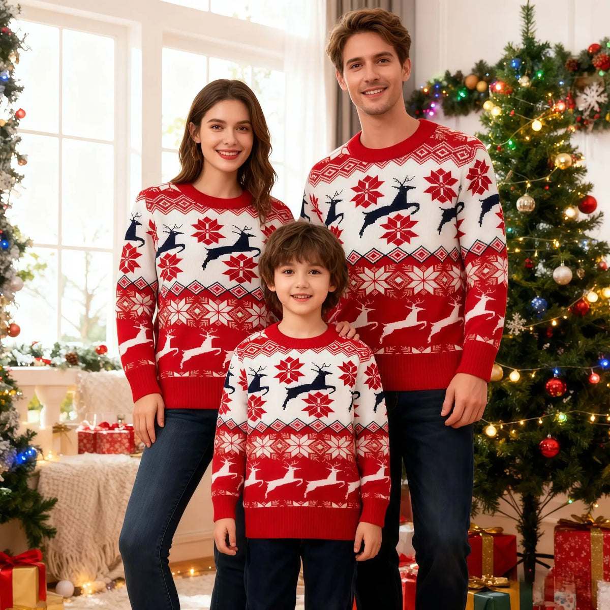 Matching Family Christmas Sweaters – Knitted Cartoon Jacquard Jumpers for Mum, Dad & Kids