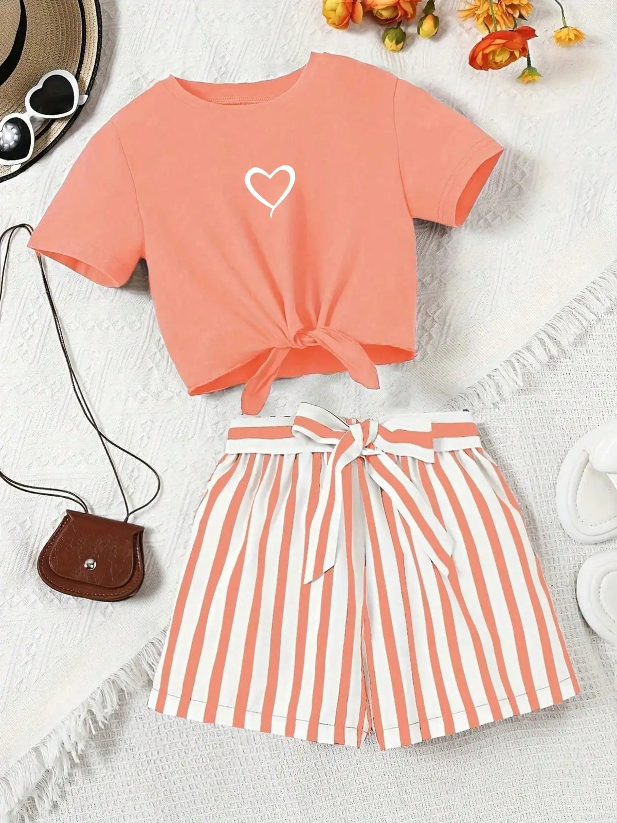 Women’s Casual 2-Piece Summer Set – Love-Print T-Shirt and Striped Shorts with Belt
