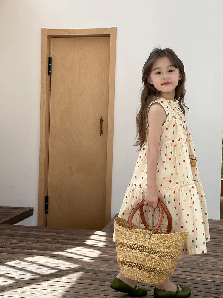 Girls’ Polka Dot Summer Dress – Sleeveless Tiered A-Line Dress