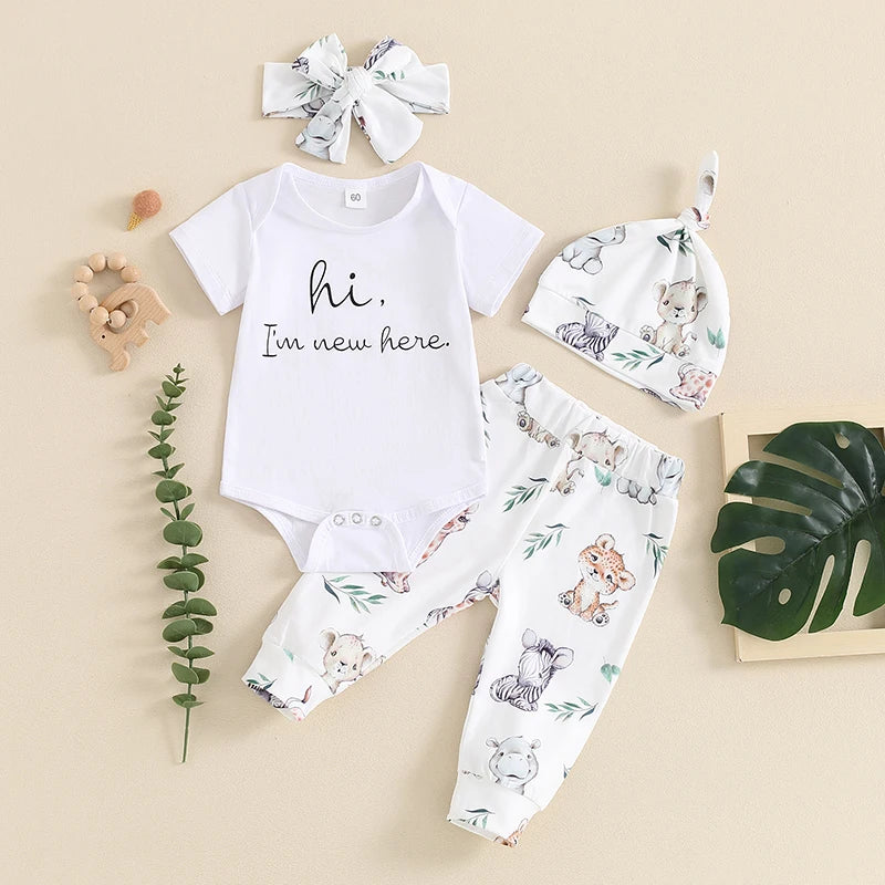 🌸 Summer Baby Outfit Set – 4-Piece Unisex Romper, Pants, Hat & Headband