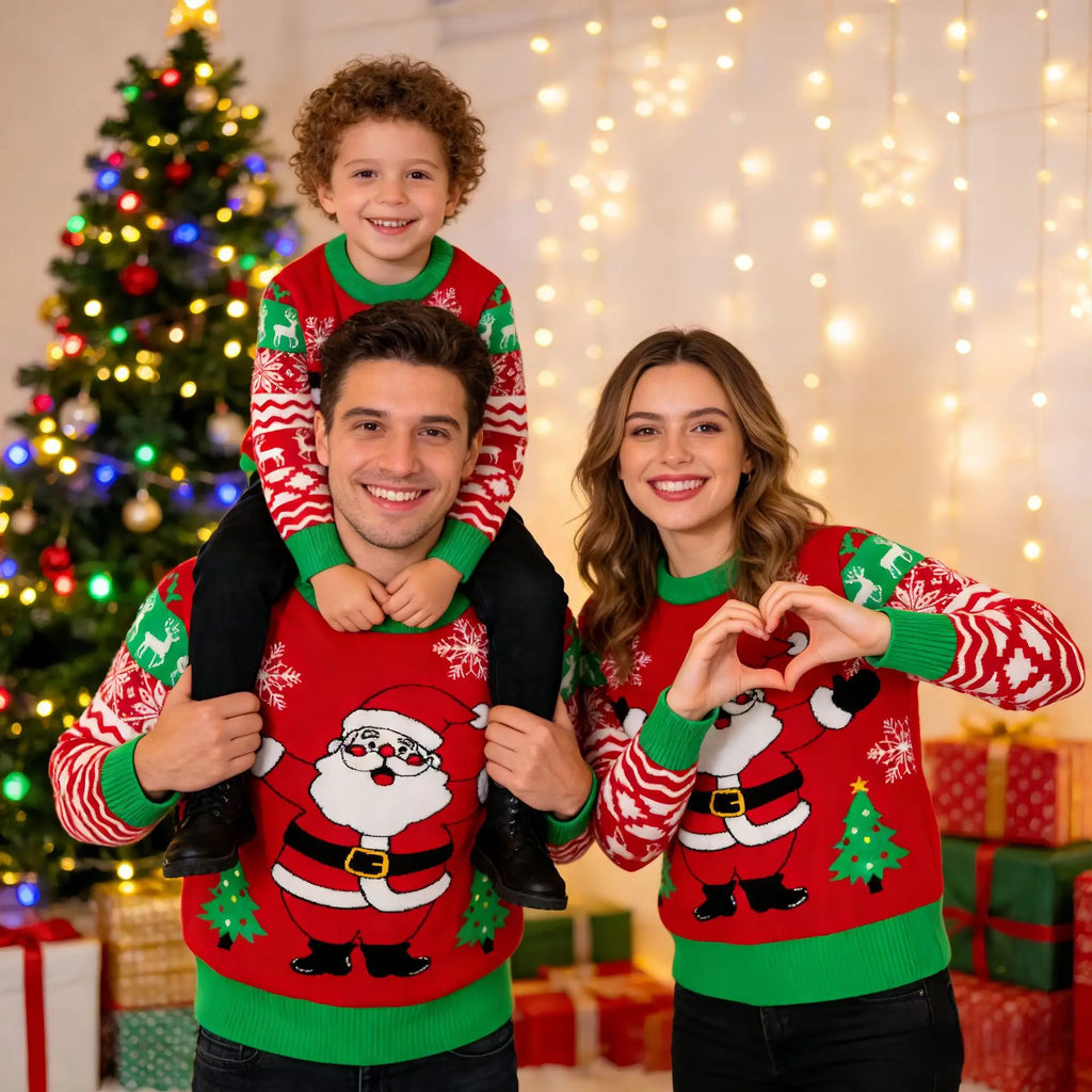 Matching Family Christmas Sweaters – Knitted Cartoon Jacquard Jumpers for Mum, Dad & Kids