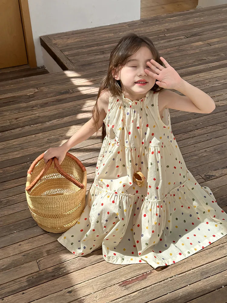 Girls’ Polka Dot Summer Dress – Sleeveless Tiered A-Line Dress