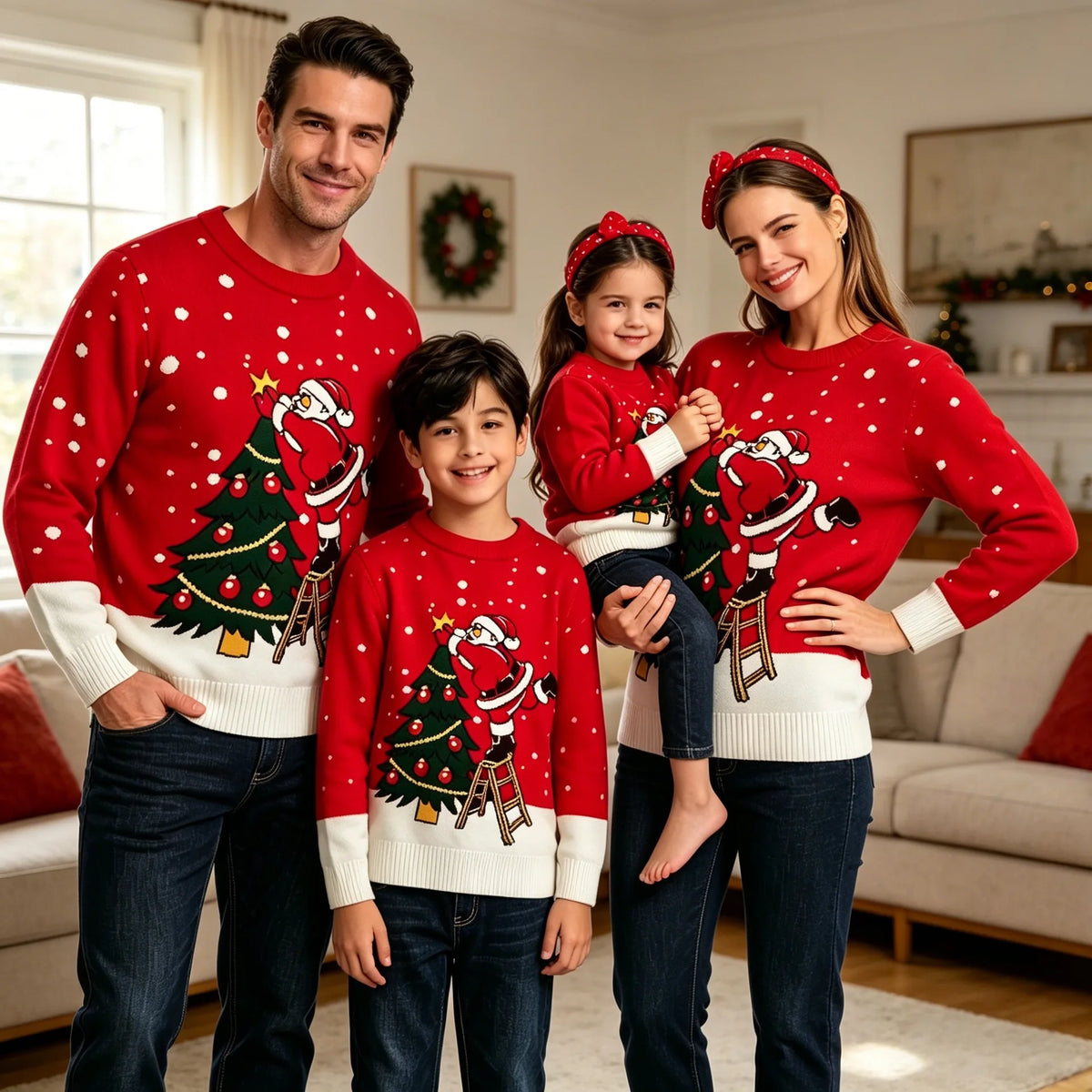 Matching Family Christmas Sweaters – Knitted Cartoon Jacquard Jumpers for Mum, Dad & Kids
