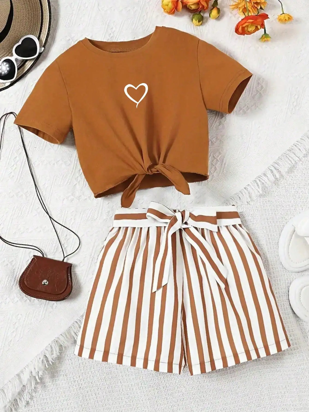 Women’s Casual 2-Piece Summer Set – Love-Print T-Shirt and Striped Shorts with Belt