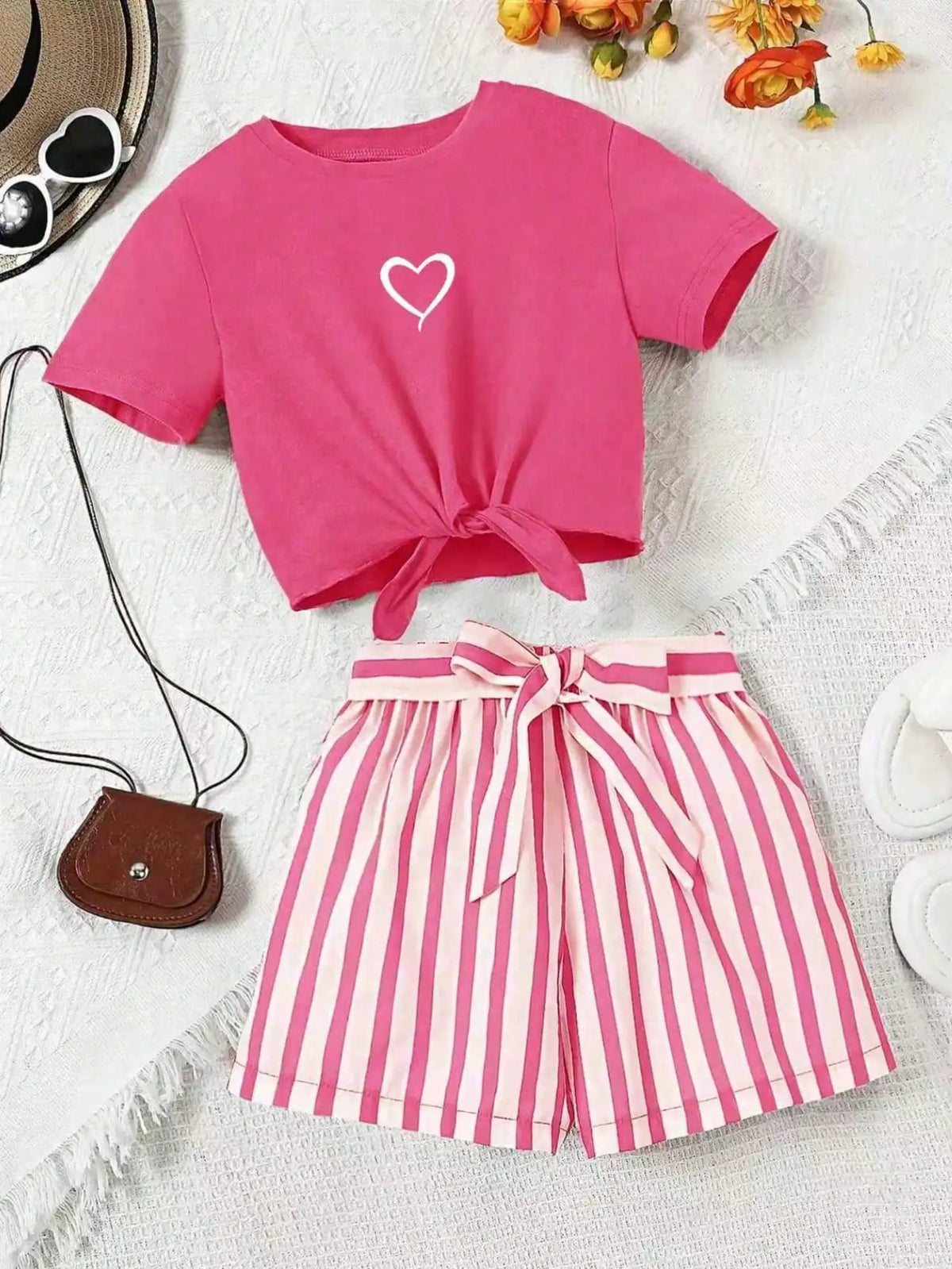 Women’s Casual 2-Piece Summer Set – Love-Print T-Shirt and Striped Shorts with Belt