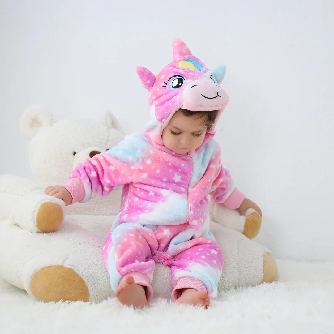 Baby Animal Hooded Fleece Romper – Warm Zip-Up Cartoon Onesie