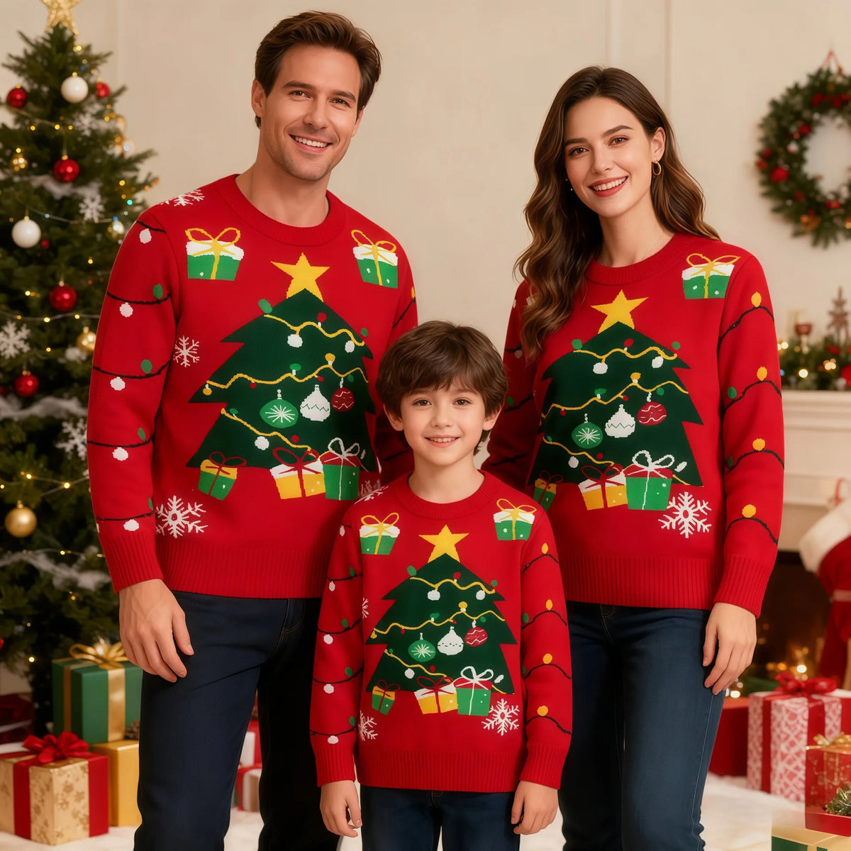 Matching Family Christmas Sweaters – Knitted Cartoon Jacquard Jumpers for Mum, Dad & Kids