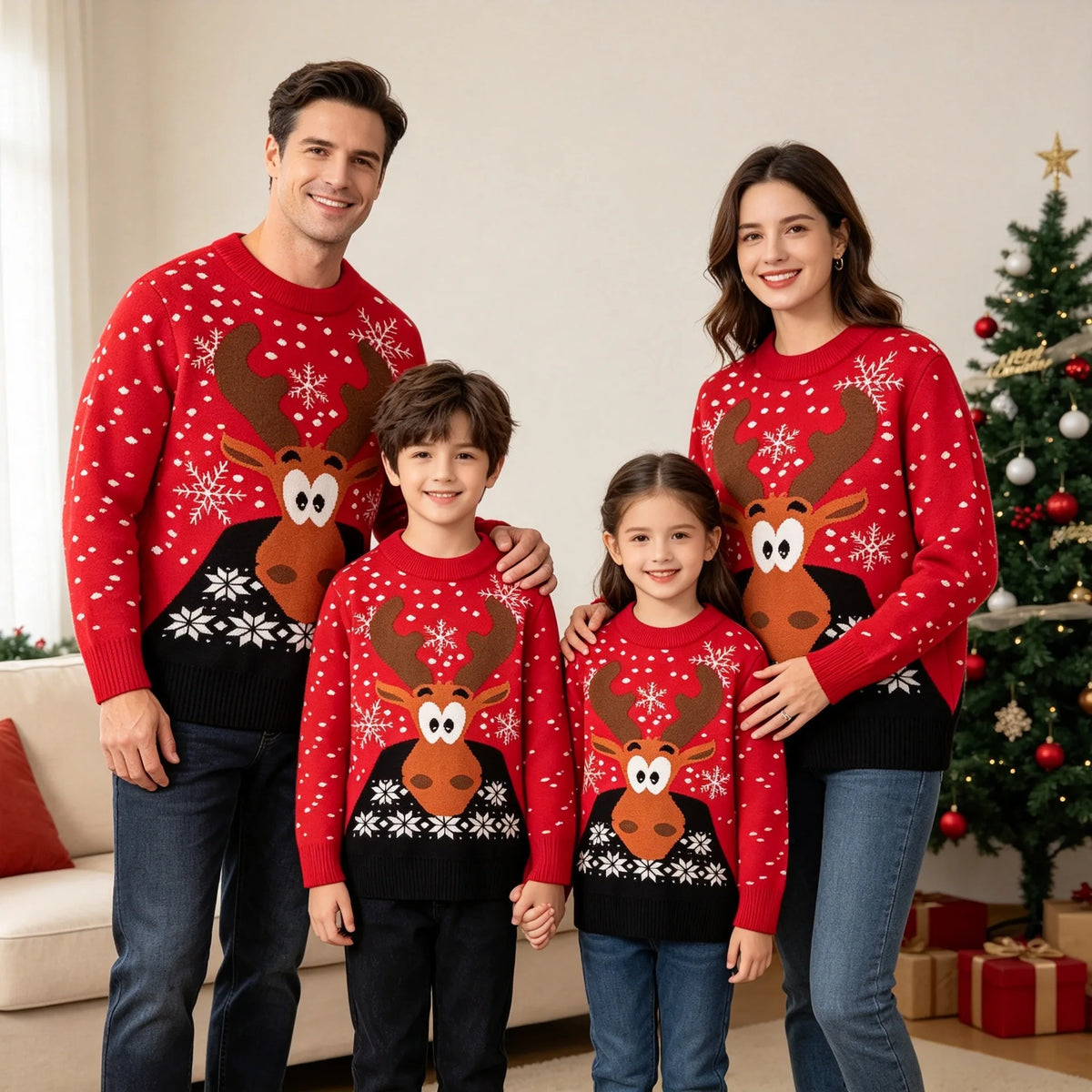 Matching Family Christmas Sweaters – Knitted Cartoon Jacquard Jumpers for Mum, Dad & Kids