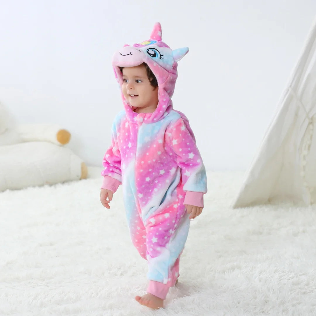 Baby Animal Hooded Fleece Romper – Warm Zip-Up Cartoon Onesie