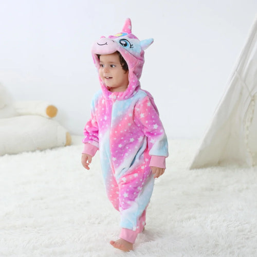 Baby Animal Hooded Fleece Romper – Warm Zip-Up Cartoon Onesie