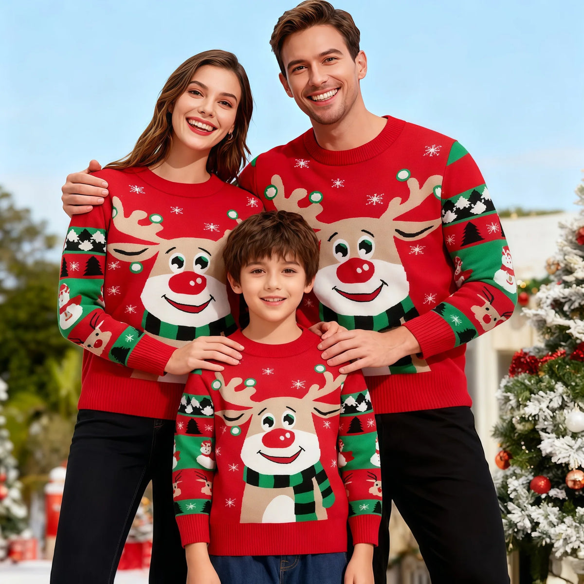 Matching Family Christmas Sweaters – Knitted Cartoon Jacquard Jumpers for Mum, Dad & Kids
