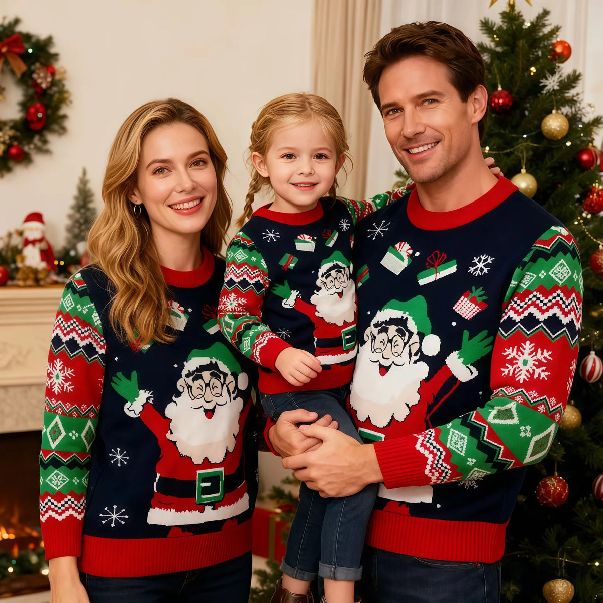 Matching Family Christmas Sweaters – Knitted Cartoon Jacquard Jumpers for Mum, Dad & Kids
