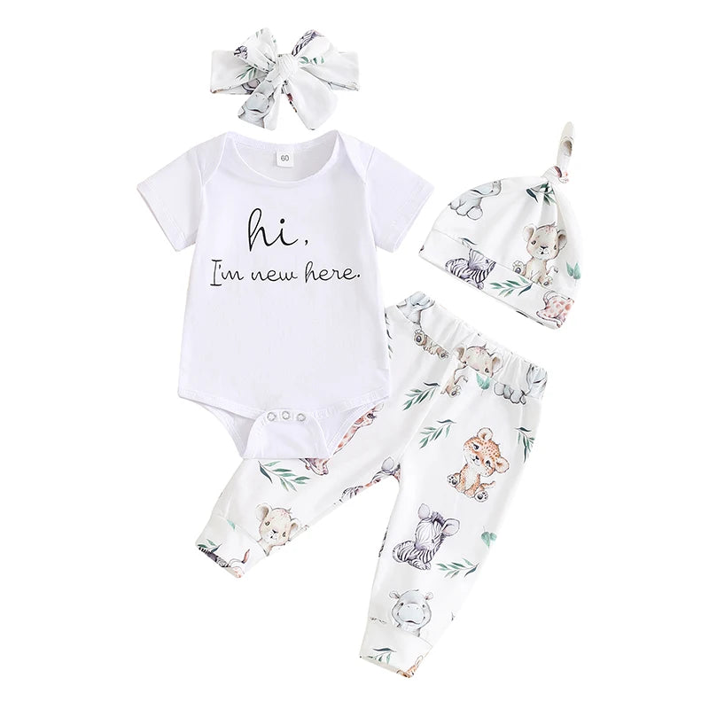 🌸 Summer Baby Outfit Set – 4-Piece Unisex Romper, Pants, Hat & Headband