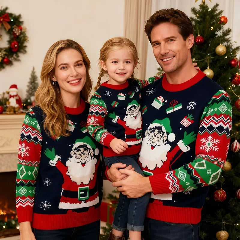 Matching Family Christmas Sweaters – Knitted Cartoon Jacquard Jumpers for Mum, Dad & Kids