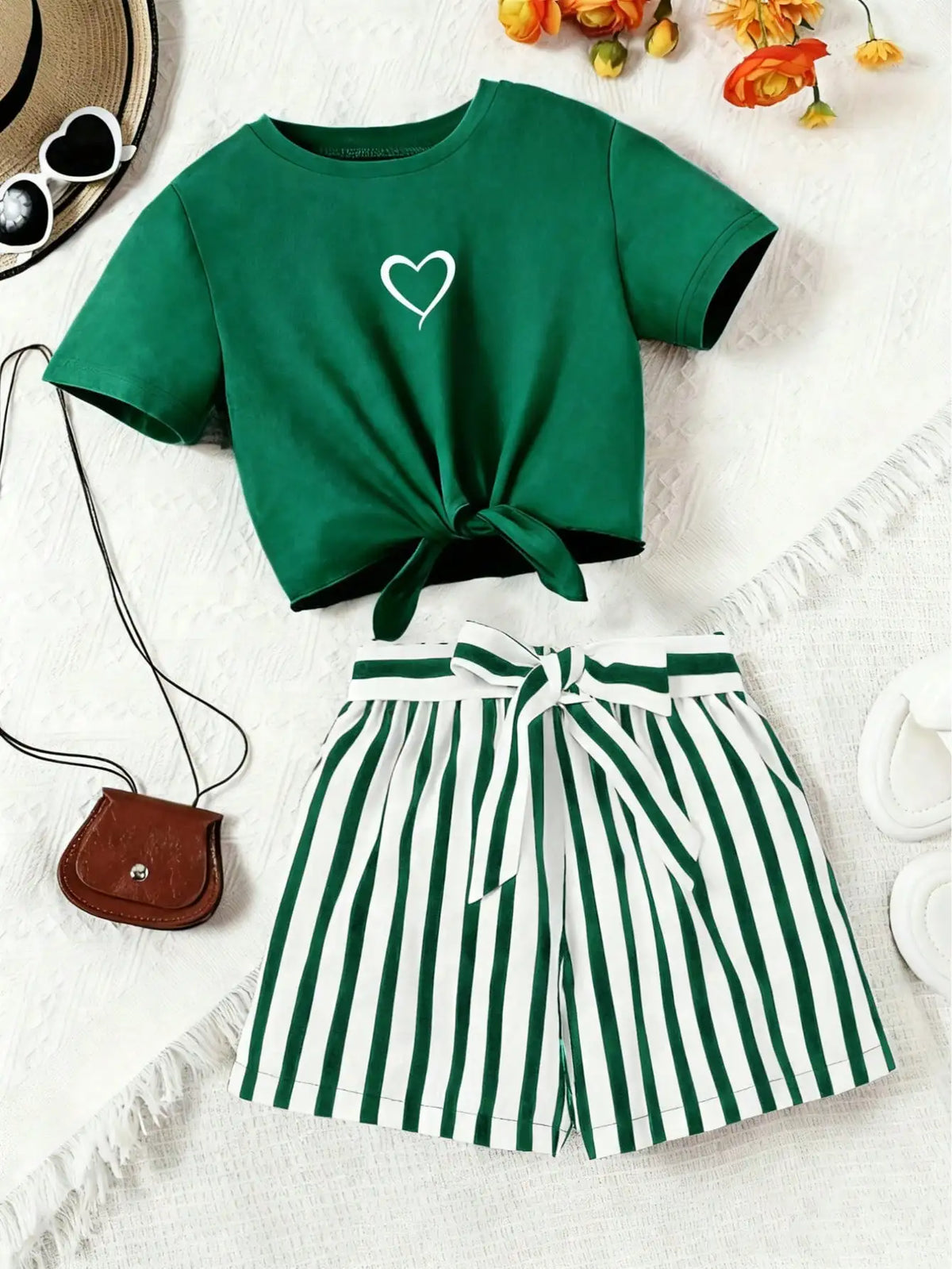 Women’s Casual 2-Piece Summer Set – Love-Print T-Shirt and Striped Shorts with Belt