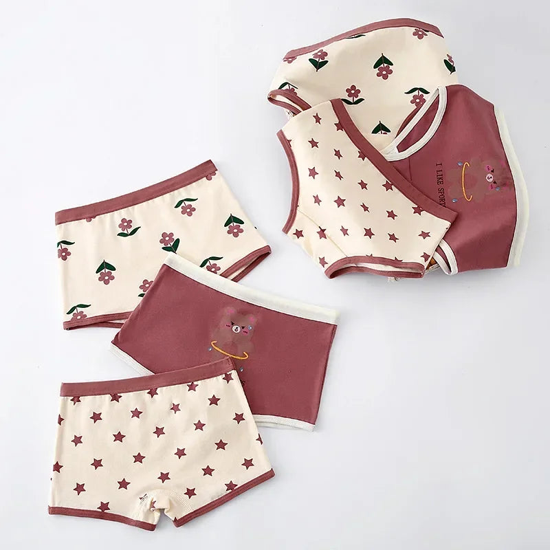Yrchk girls' cotton briefs in cream and maroon with cute cartoon flower and star prints, set of four.